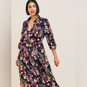 TORRID Black Floral Tea Length Studio Refined Woven Shirt Dress & fabric belt